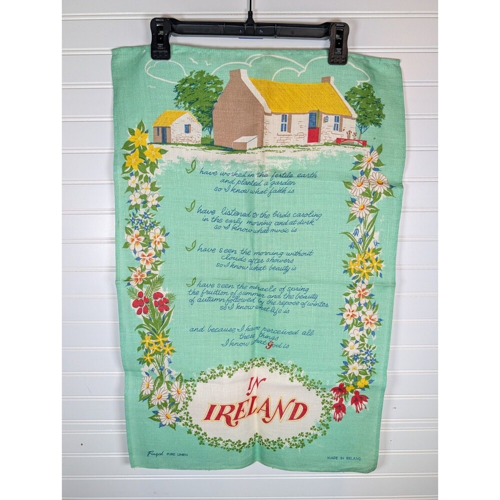 Vintage Fingal Ireland Tea Towel God Is In Ireland Poem